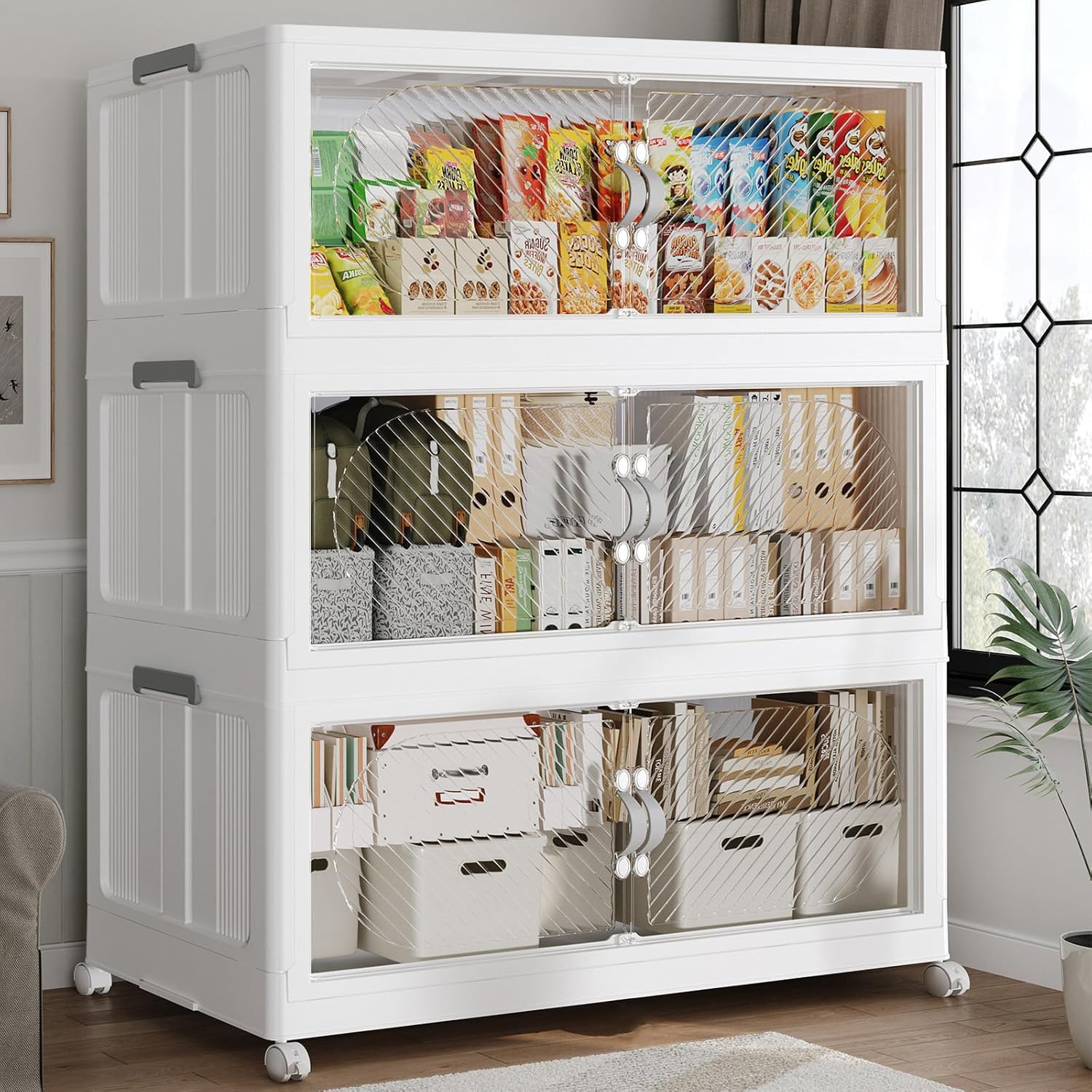 480QT Extra Large Stackable Storage Bins with Lid & Wheels & Doors, 120Gal Foldable Collapsible Closet Organizers, Plastic Cabinet Box Container Drawer for Home Kitchen Bedroom, 3Pack White