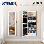 Mirror Jewelry Organizer, Wall/Door Mounted Jewelry Armoire with Full-Length Mirror,Hanging Jewelry Cabinet with LED Interior Lights, White