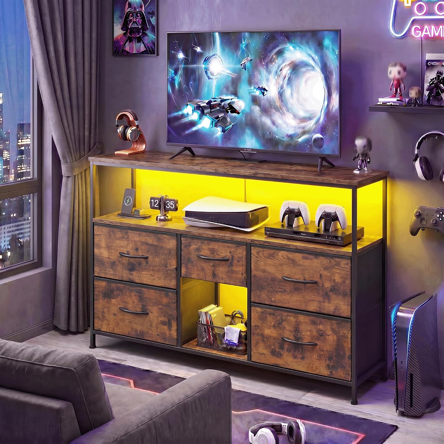 Romorgniz TV Stand for 45/50" TVs, 5 Drawers & LED Lights & Power Outlets | Strong Metal Frame for Stability, Spacious Shelves Display Collections & Keep Organized, Dresser for Bedroom & Studio, Brown