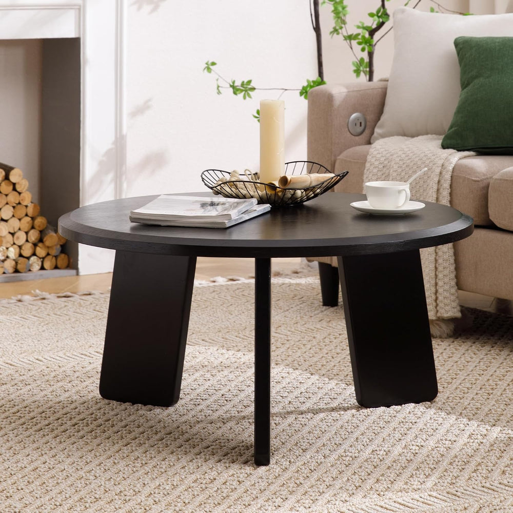 32 Inch Round Coffee Table, Solid Wood Center Table, Black