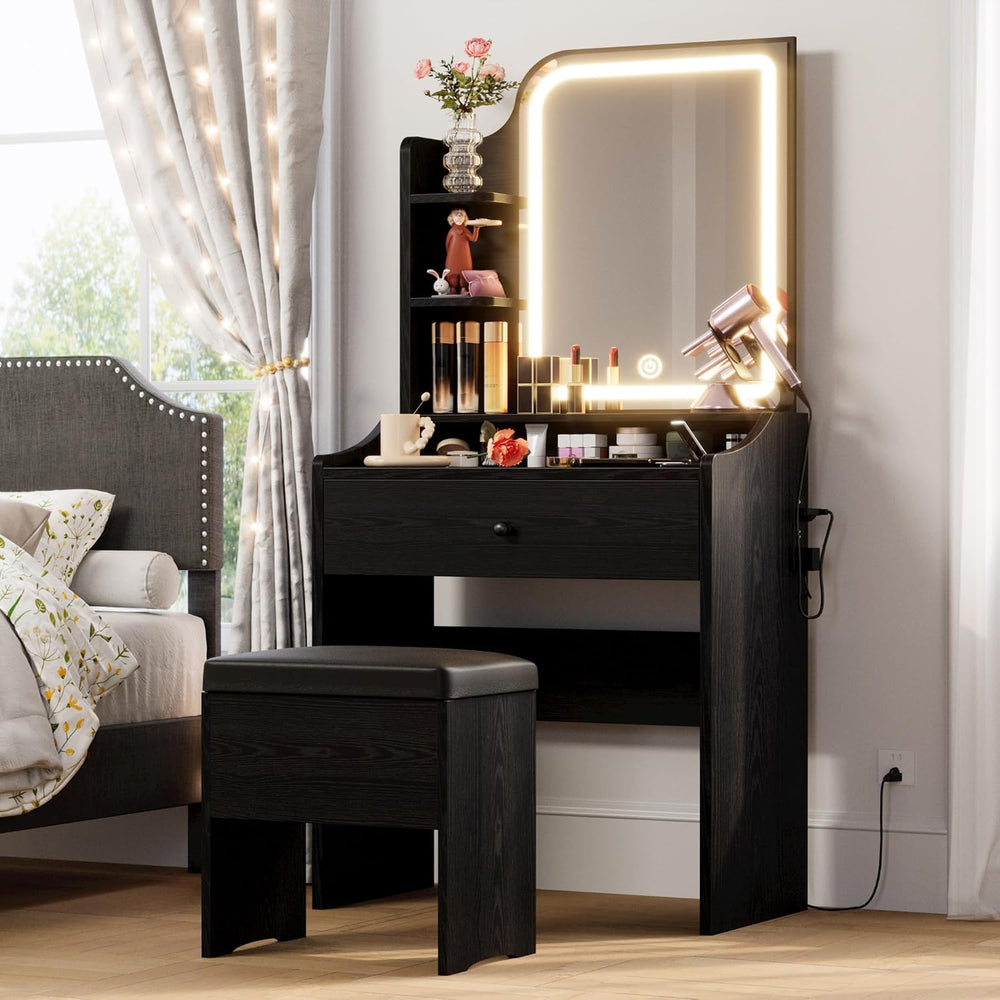 LIKIMIO Small Vanity Desk with Mirror Lights and Storage Stool | Black compac...