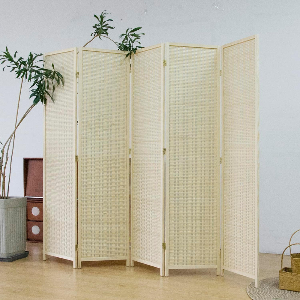 Furnnylane 5 Panel Bamboo Room Divider – 5.6 ft Tall Folding Privacy Screen, ...