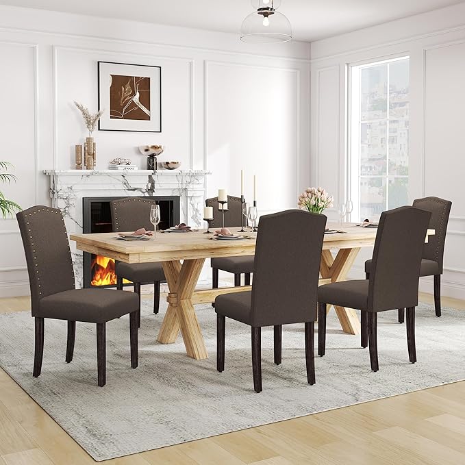 LSSPAID Dining Chairs Set of 6, Modern Comfy Linen Upholstered Parsons Dining Room Chairs with Bronze Nail Head Trim and Brushed Solid Wood Legs, Coffee
