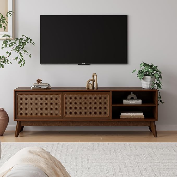 Ball & Cast 59" Mid Century Modern TV Stand for TVs up to 65", Media Console with Rattan Sliding Doors, 2 Open Shelves & Solid Wood Legs, Entertainment Center for Living Room,Bedroom,Walnut
