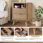 Fluted Nightstand - 24" Modern Bedside Table w/ 2 Drawers, Wood Bed Side End Table with Open Shelf, Night Stand with Storage Drawer, Curved Design Night Stands for Bedroom Living Room (Nature)