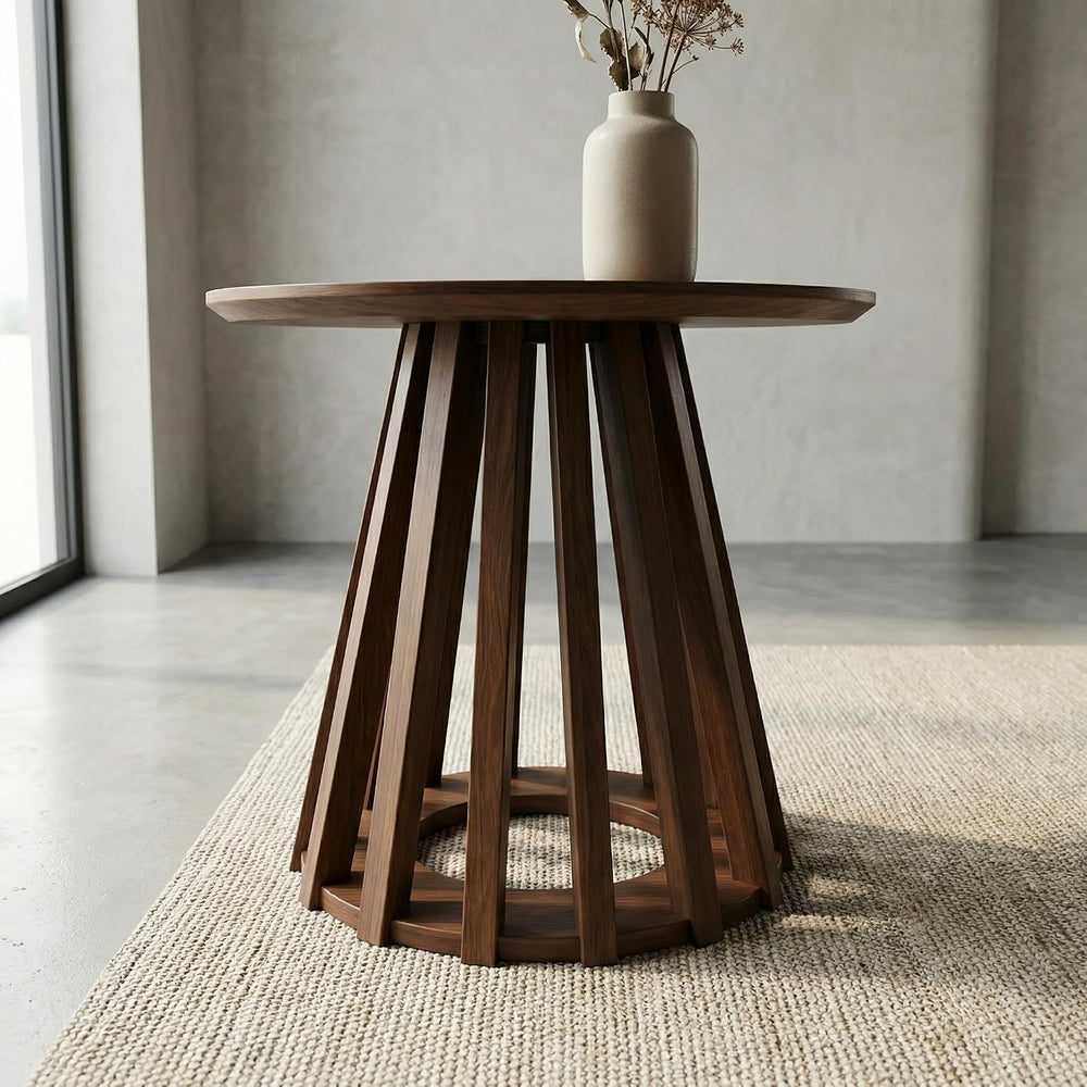 DUOMAY Modern Solid Wood Round Side Table with Geometric Base, Wood Accent En...