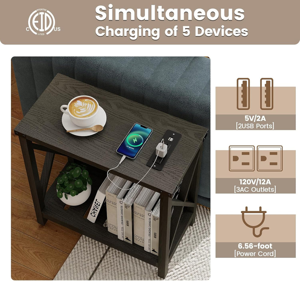Hadulcet Farmhouse Side Table with Charging Station - Narrow Bedside Table fo...
