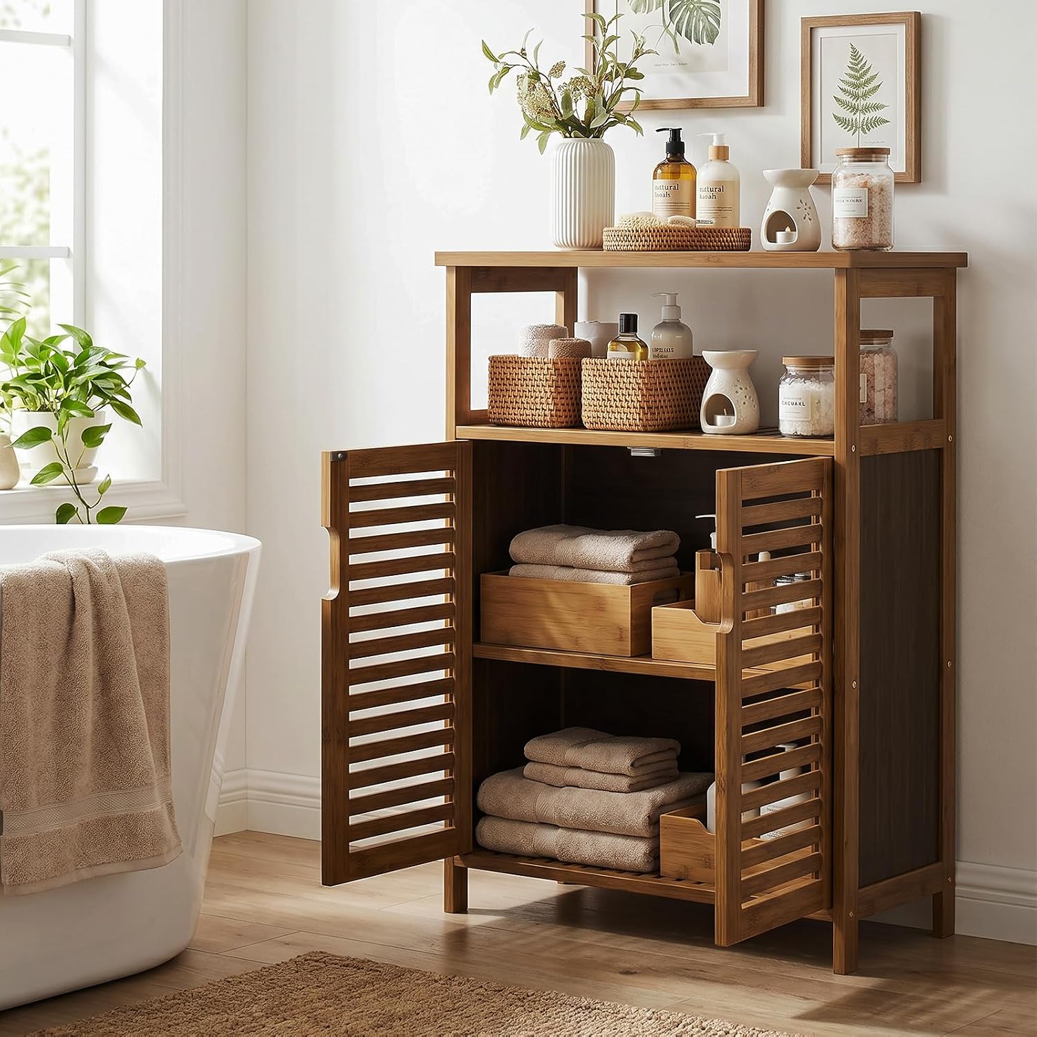 Bamboo Freestanding Bathroom Floor Storage Cabinet with Doors & Shelf | Versatile Cabinet for Living Room Entryway Hallway, Spacious Storage, FSC-certified Bamboo, Easy Assembly, Walnut