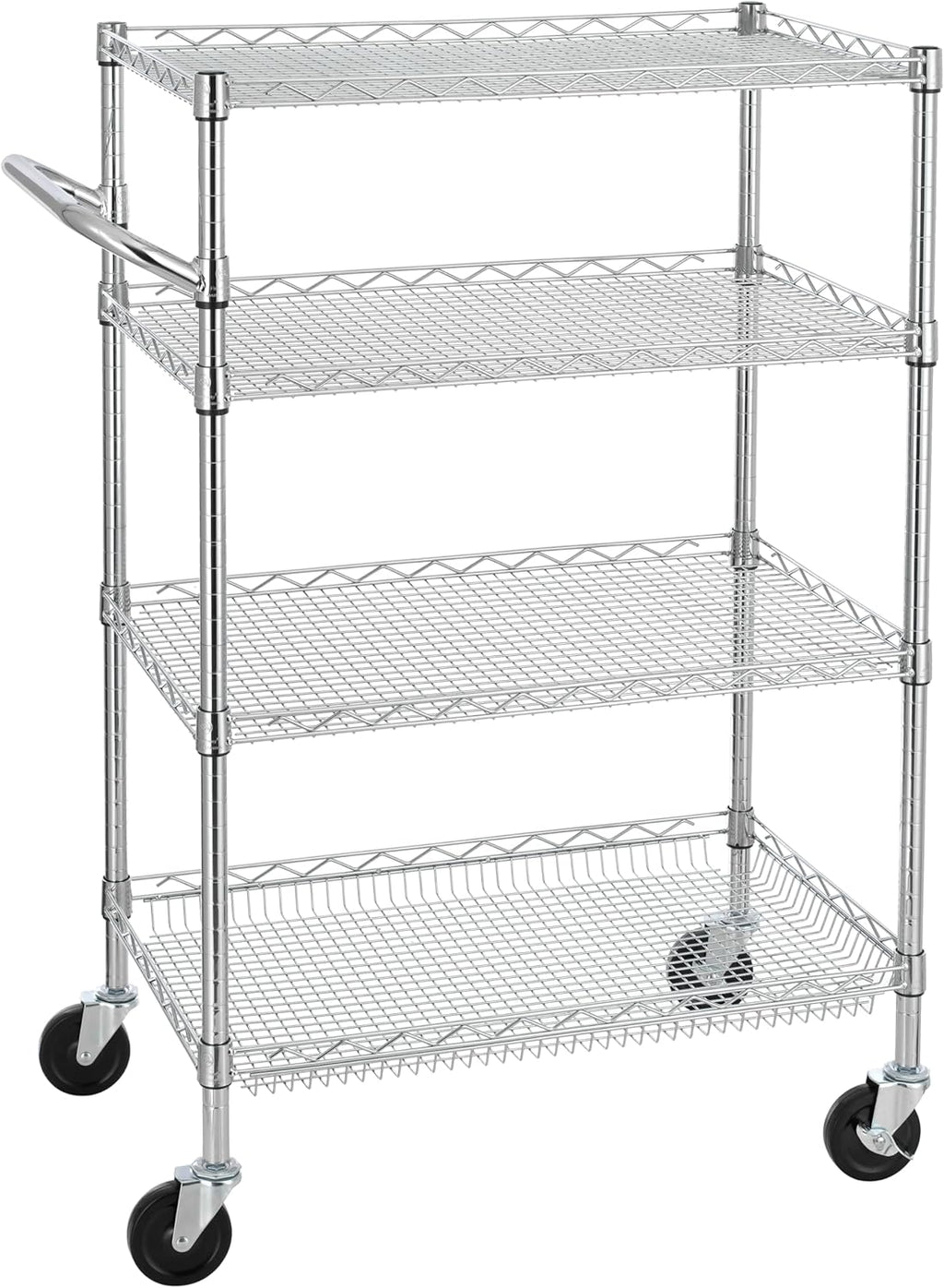 Finnhomy 4 Tier Heavy Duty Commercial Grade Rolling Cart with Handle Bar, Metal Wire Utility Cart with Wheels, Service Trolley on Wheels, Shelf Size 18" D x 30" W, NSF Listed, Chrome