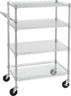 Finnhomy 4 Tier Heavy Duty Commercial Grade Rolling Cart with Handle Bar, Metal Wire Utility Cart with Wheels, Service Trolley on Wheels, Shelf Size 18" D x 30" W, NSF Listed, Chrome