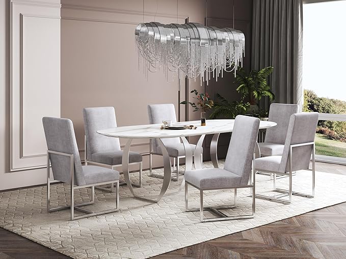 Manhattan Comfort Element Modern Velvet Dining Chairs, High Density Foam, Chrome Finish Stainless Steel Frame, High-Back, Fully Assembled Industrial Chic Accent Furniture, Set of 2, Grey
