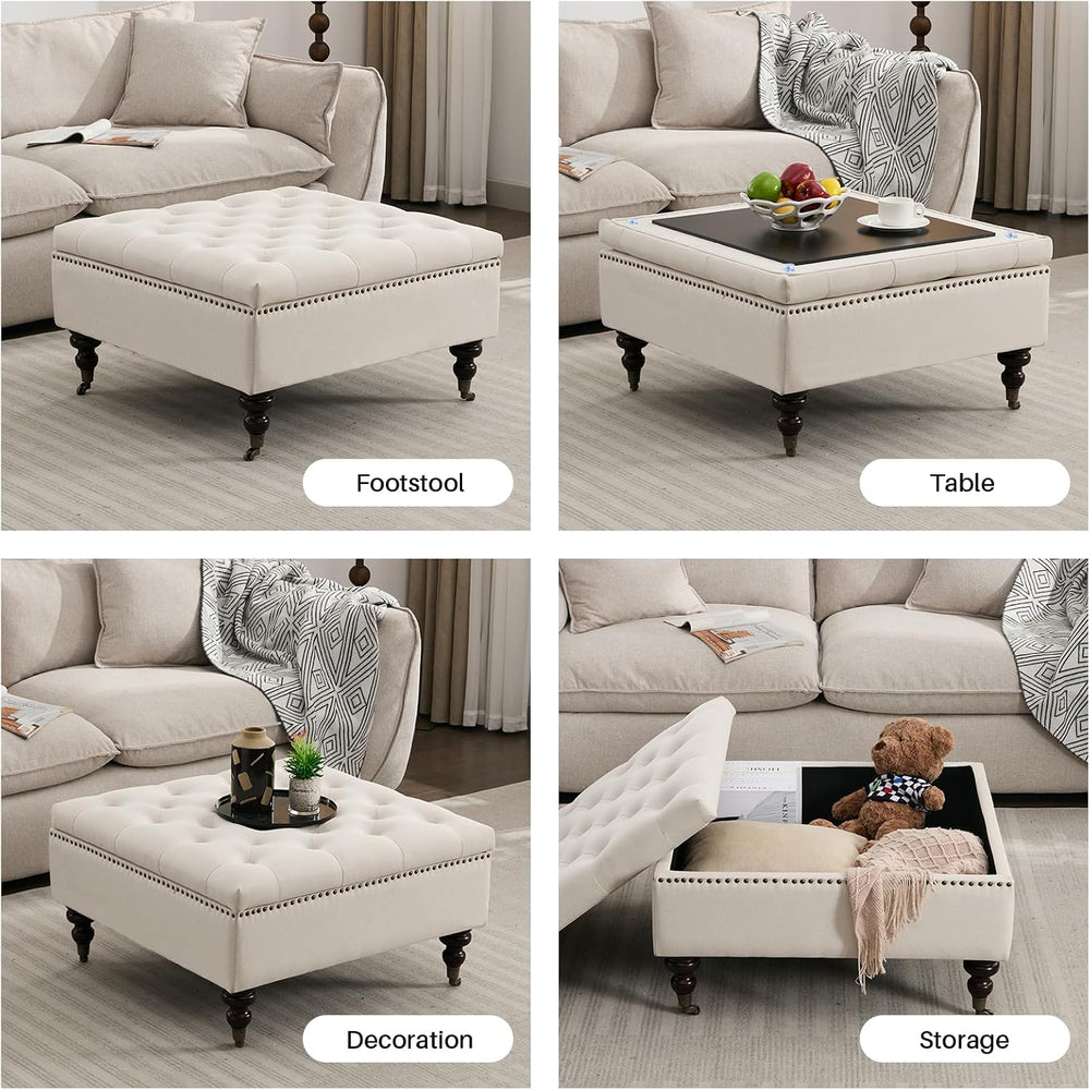 Large Square Storage Ottoman Uphlostered Tufted Button Coffee Table, Beige
