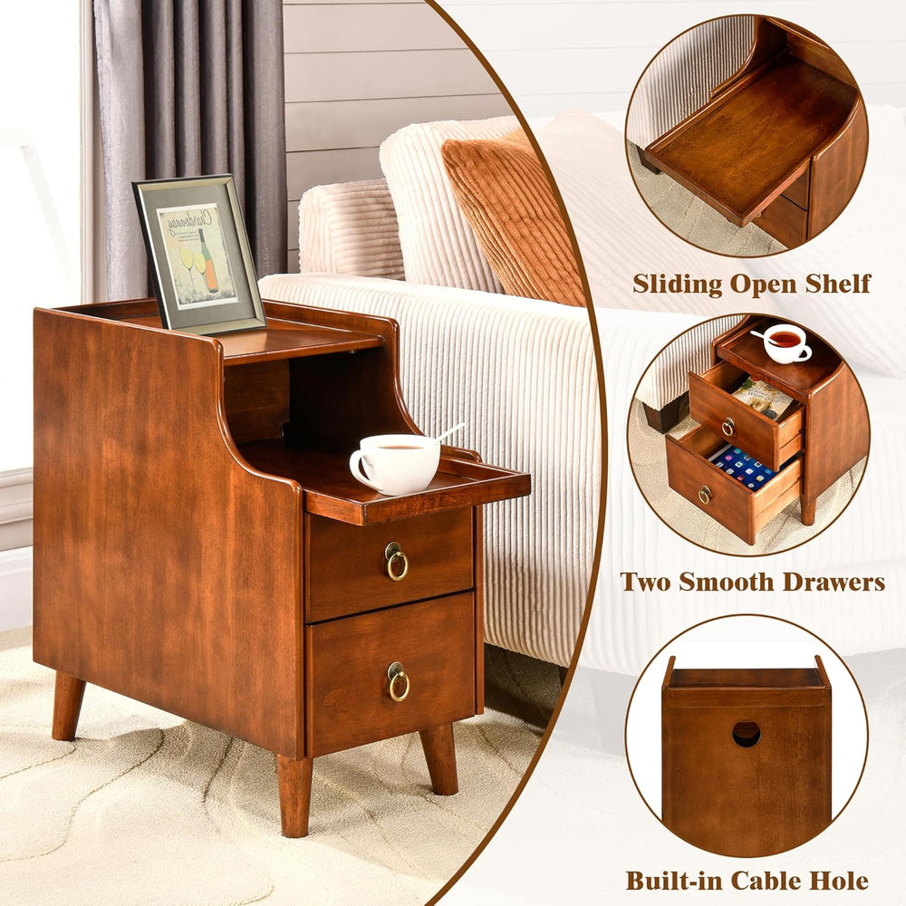 Set of 2 Solid Wood Narrow Nightstand with 2 Drawers, Fully Assembled Skinny ...