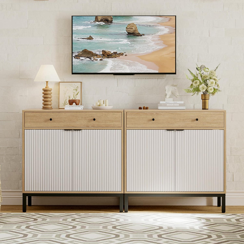 Mericonia Farmhouse Buffet Sideboard Cabinet with Storage, Fluted Coffee Bar ...