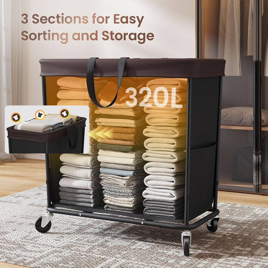 320L Laundry Basket with Wheels, 3-Section Rolling Hamper for Laundry, Extra Large Laundry Hamper with Wheels, Clothes Hamper Rolling Laundry Basket for Home, Bathrooms and Dorm(Black)