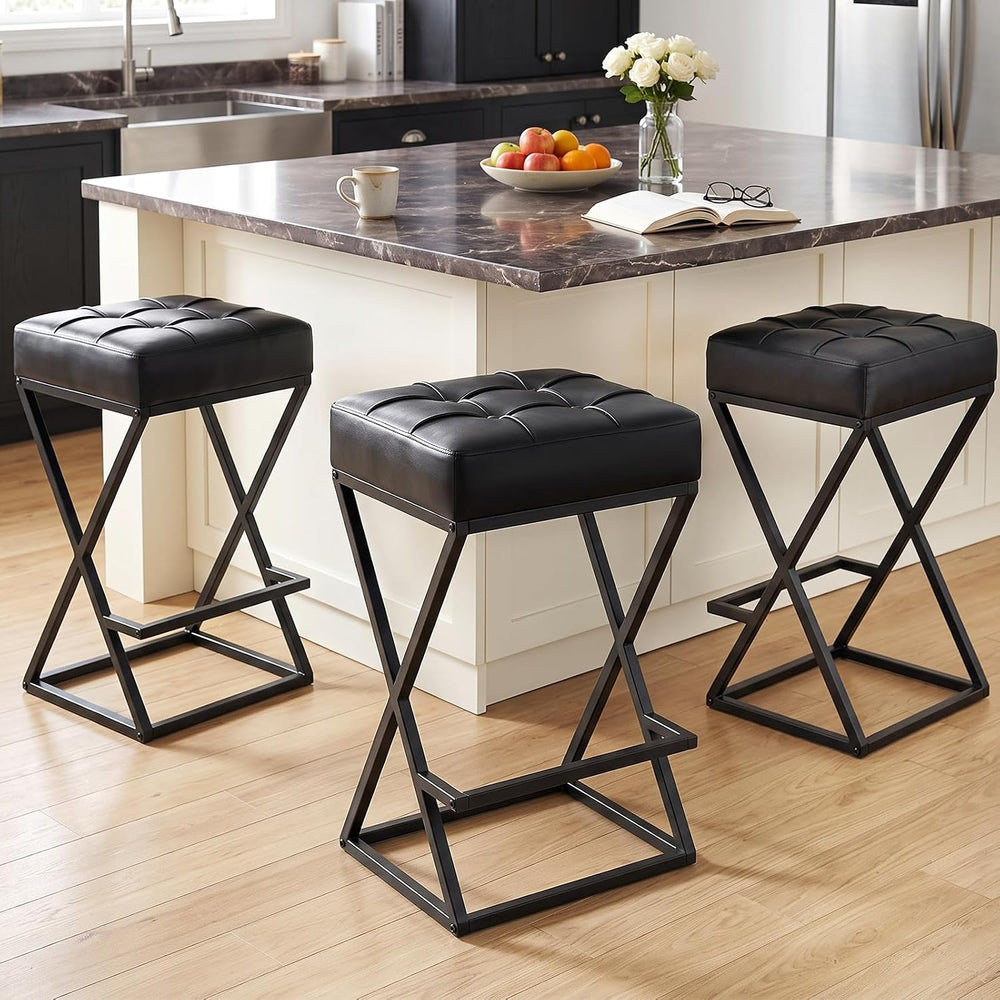 Bar Stools Set of 3, 26 Inch Counter Height Stool Faux Leather Black