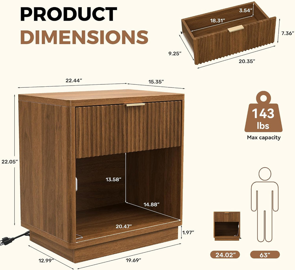 Miereirl Fluted Nightstand with Charging Station, Vintage Modern Night Stands...