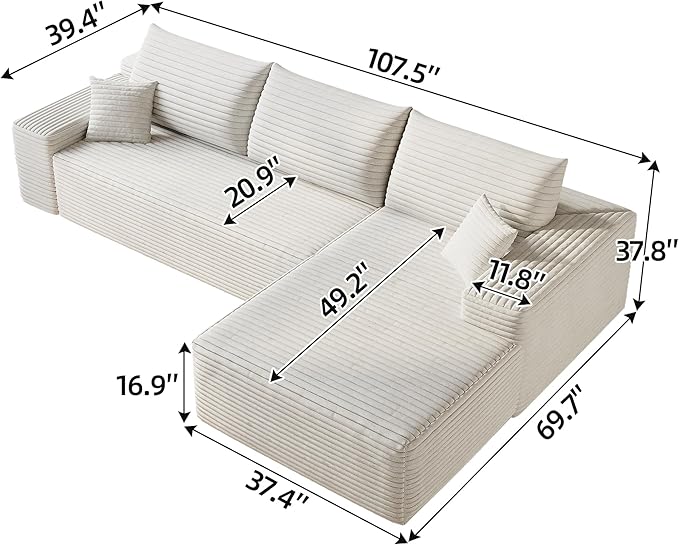 Eafurn Oversized L Shape Modular Sectional Sofa with Right Facing Chaise Lounge,Wide Deep Seat Compressed Corner Couch,Minimalist Corduroy Upholstered Boneless Lounge Sofa Couch | Breathable material, Full Foam, Anti-slip