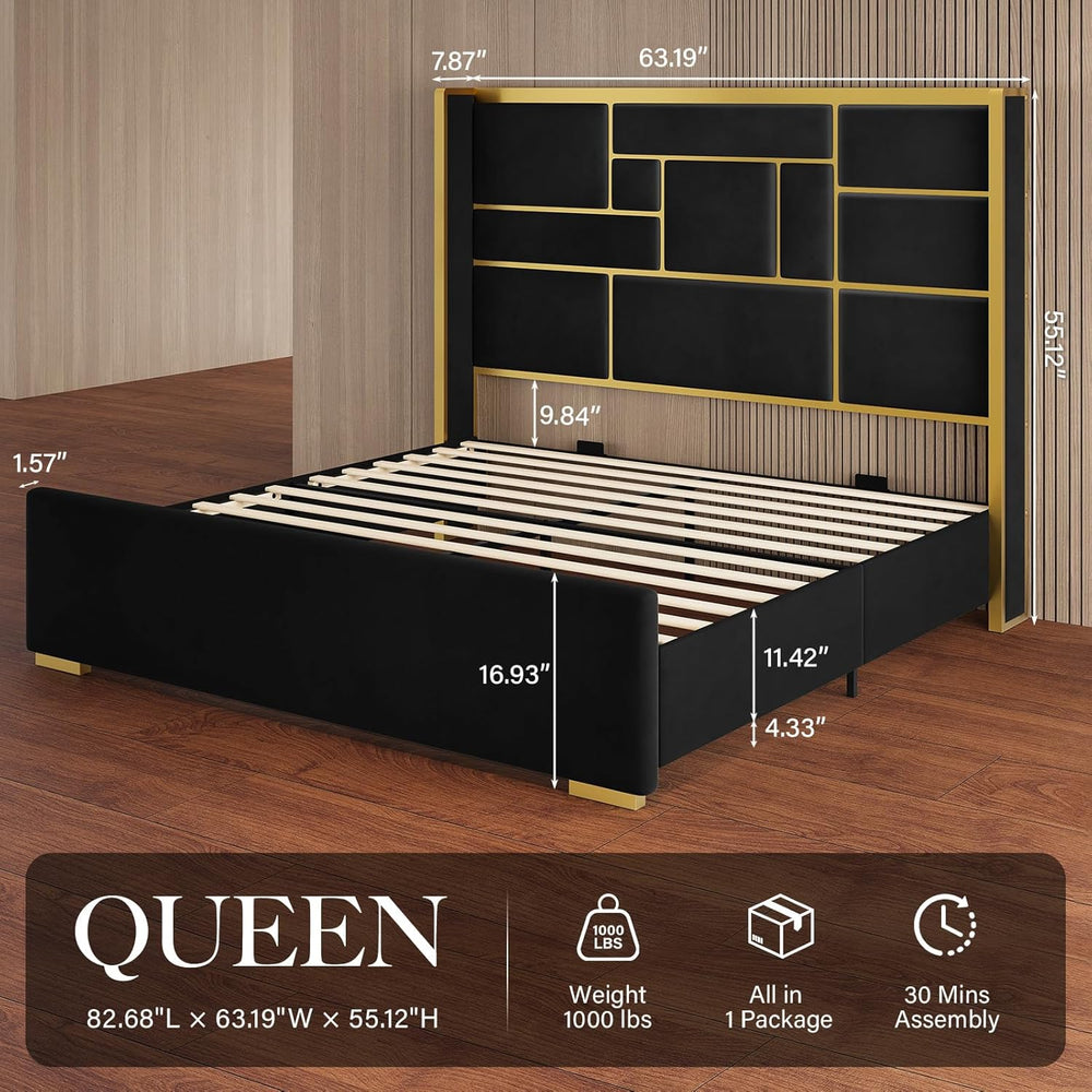 Queen Bed Frame with 55.12" Tall Headboard, Black and Gold