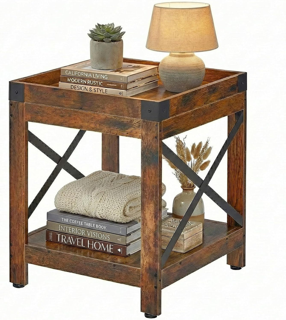 Farmhouse Square Side Table with Open Storage Shelves, Large End Table Modern...