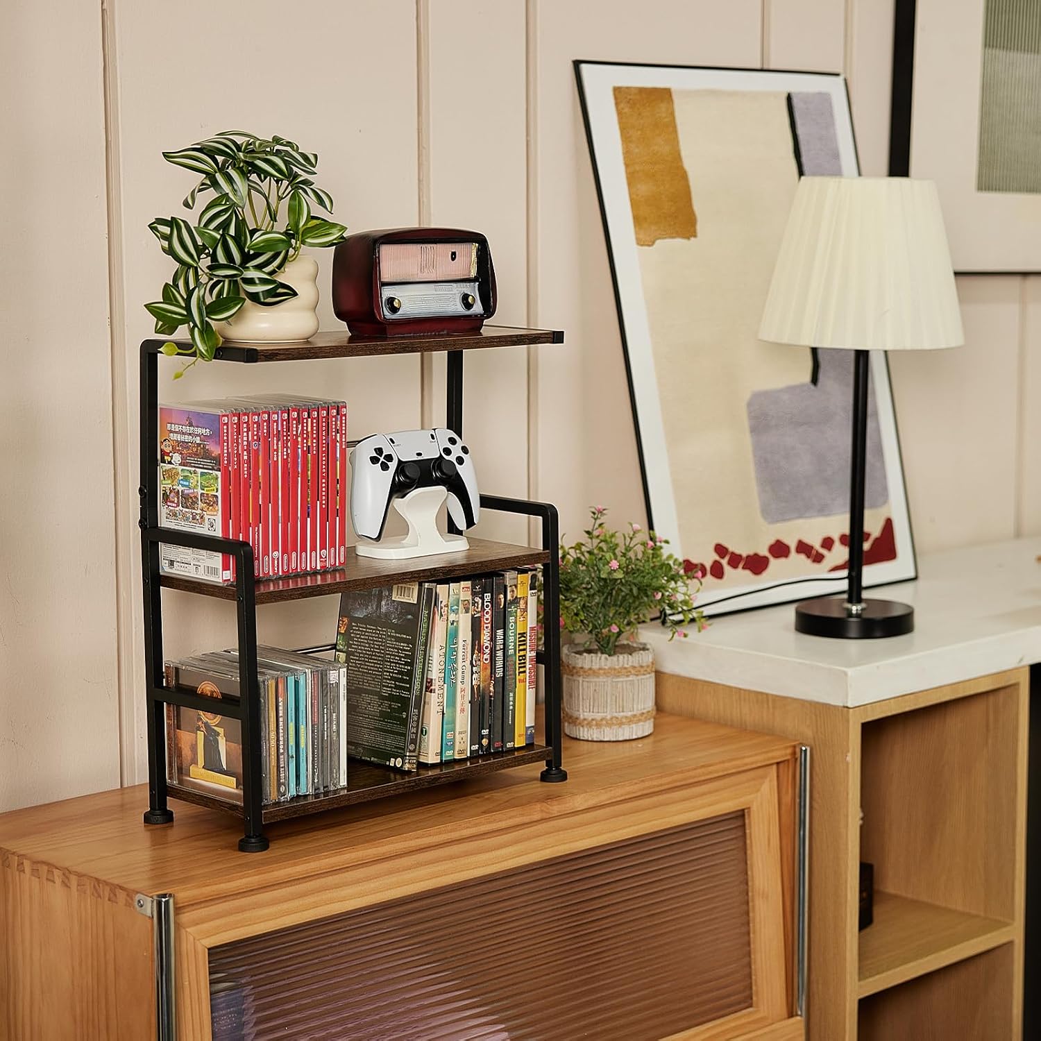 CD Storage Rack, 3-tier CD Holder for Coutertop, Wooden CD Organizer, DVD Storage Shelf, Holds Up to 70 Standard CD, Adjustable CDs Dividers, Multi-Purpose Media Storage for CD DVDs Games Books
