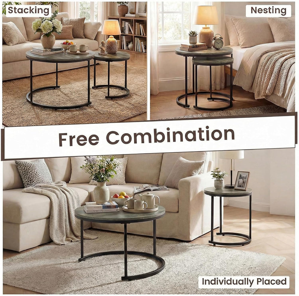 GOFLAME Nesting Coffee Tables Set of 2, Stacking Round Center Table with Wood...