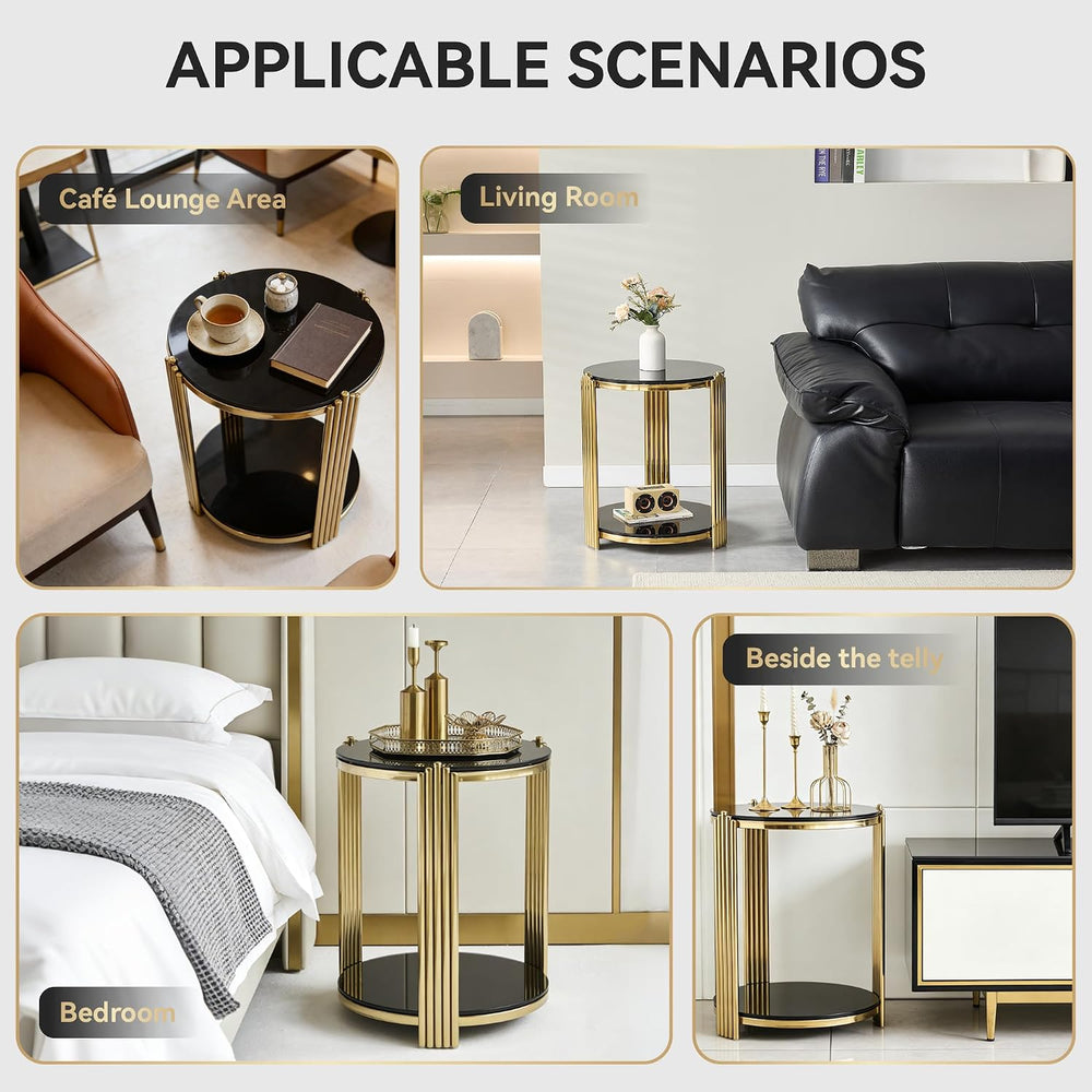 16.9'' Round Glass End Table with Gold Steel Frame, 2-Tier Sofa Side ...