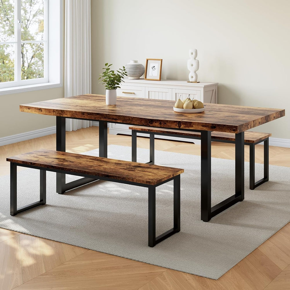 HIPIHOM 63" Dining Table with 2 Benches, Modern Kitchen Table and Chairs...