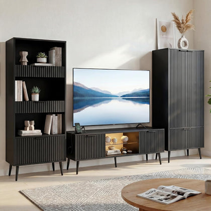 Bathroom Storage Cabinet Set of 2, 47.2" Wide 5-Tier Freestanding Pantry Cabinet with 6 Extra-Large Drawers & 2 Open Shelves, Fluted Floor Organizer Cupboard for Kitchen, Living Room, Anti-Tip, Black