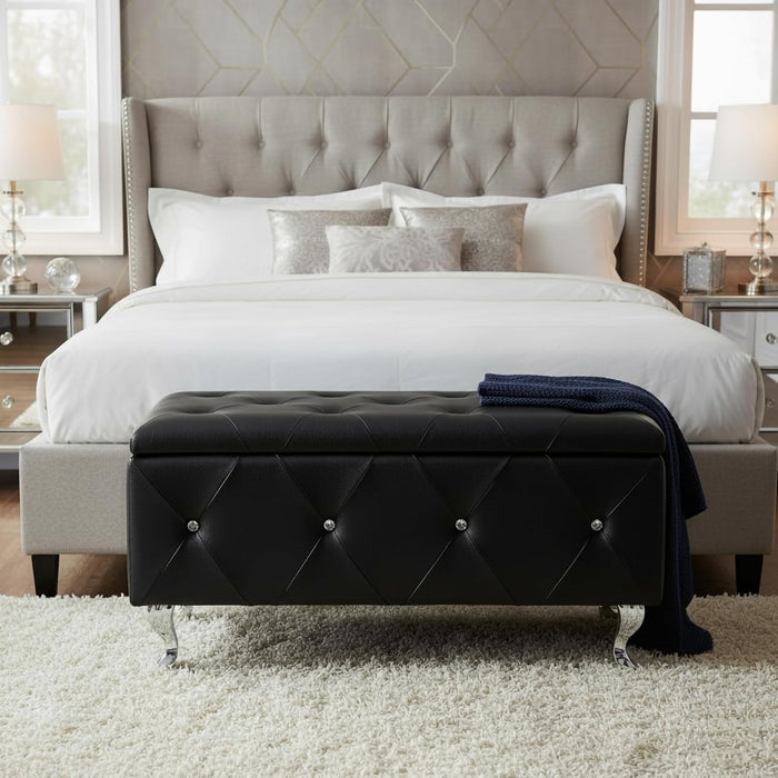 AC Pacific Glam 38 Inches Storage Ottoman Bench for Entryway, Hallway, Living Room, and Bedroom, Upholstered Tufted Faux Leather Ottoman with Storage, Foot Rest and Organizer, Midnight