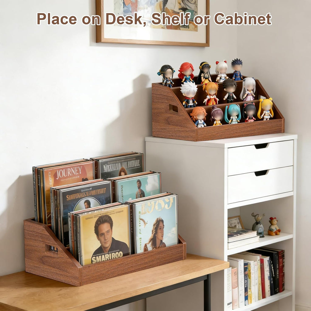 3 Tier CD Holder,Wood CD Storage Rack,CD/DVD Display Stand | Holds 24 Jewel Cases,CD Organizer with Handles for CD DVD Cassettes Tapes,Rustic Brown for Home Office & Music Lovers