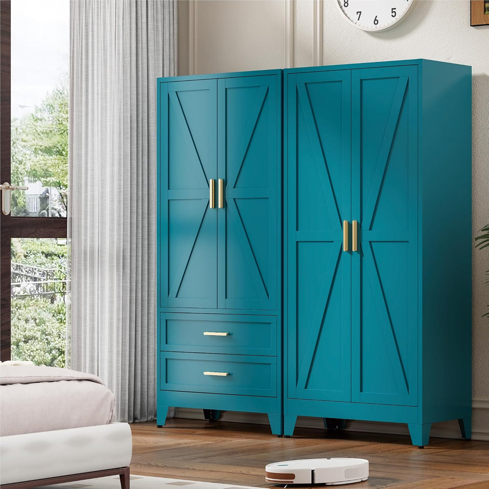 Washsemba 71'' Farmhouse Metal Wardrobe Cabinet with Hanging Rod, 2 B...
