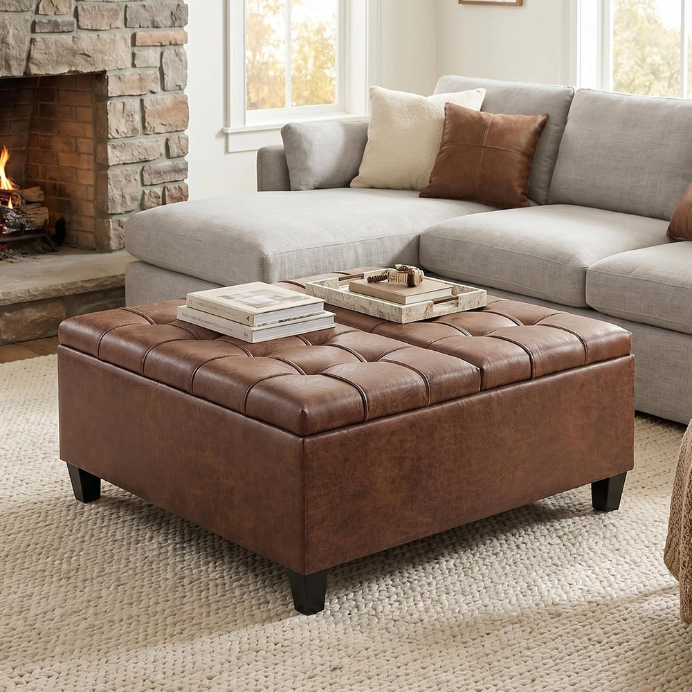 SIMPLIHOME Harrison Coffee Table Storage Ottoman - 36 inch Wide Upholstered V...