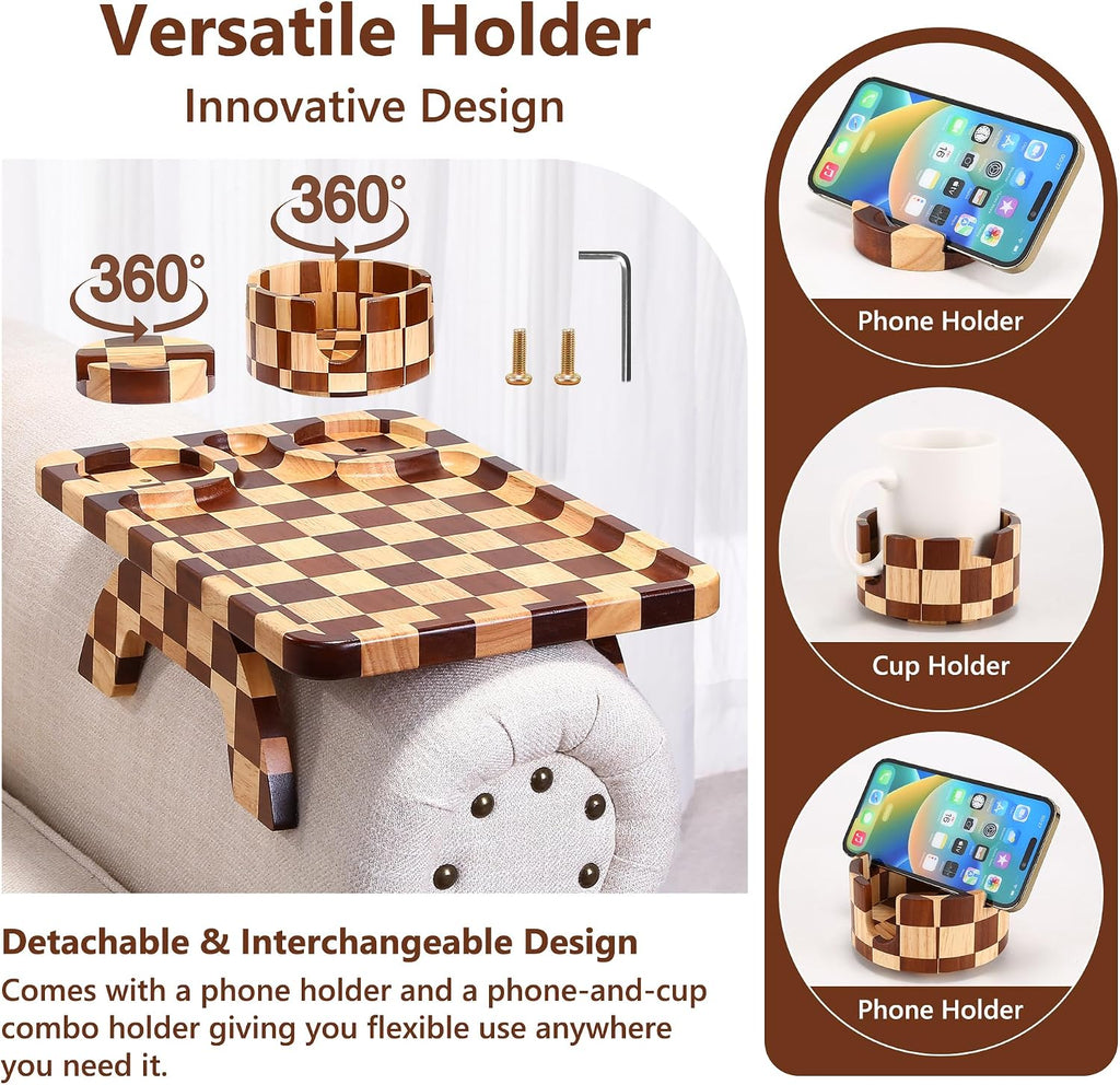 Checkered Rubber Wood Couch Arm Tray, Sofa Armrest Tray with Rotating Cup Holder & Phone Stand, Large Clip-on Sofa Side Table Furniture for Drinks & Remote, 15.36"x9.85", Gift Box