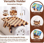 Checkered Rubber Wood Couch Arm Tray, Sofa Armrest Tray with Rotating Cup Holder & Phone Stand, Large Clip-on Sofa Side Table Furniture for Drinks & Remote, 15.36"x9.85", Gift Box