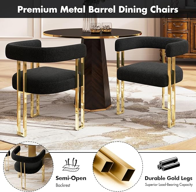 Set of 2 Modern Black Boucle Dining Chairs with Gold Metal Legs, Mid Century Accent Upholstered Barrel Armchairs with Open-Back for Kitchen, Dining Room, Living Room, Apartment