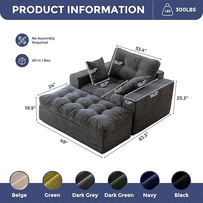 MAXYOYO Modular Sectional Chaise Lounge Sofa, Upholstered Lounge Chair with Ottoman, Comfy Couch with Layered Cushion, Tufted Upholstered Sleeper Chair for Living Room, No Assembly, Dark Grey