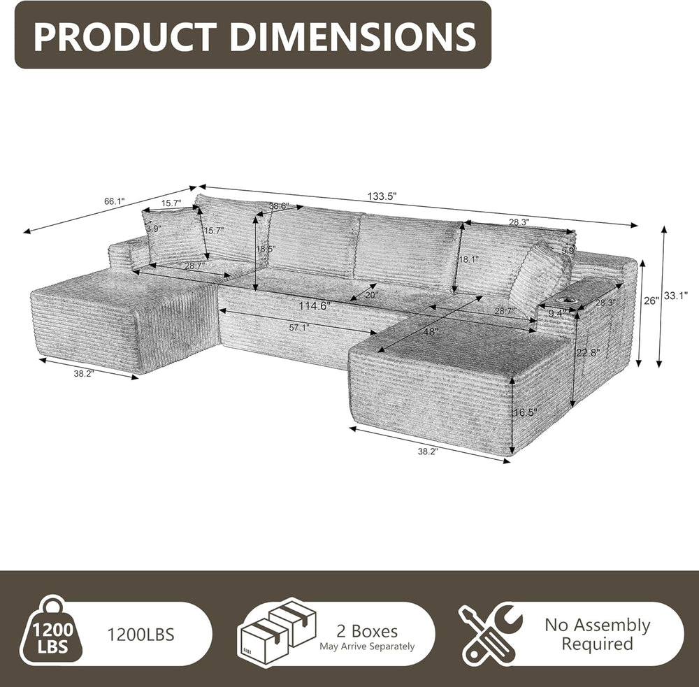 Tmsan 133.5" Black Sectional Sofa Couches for Living Room, Oversized U S...