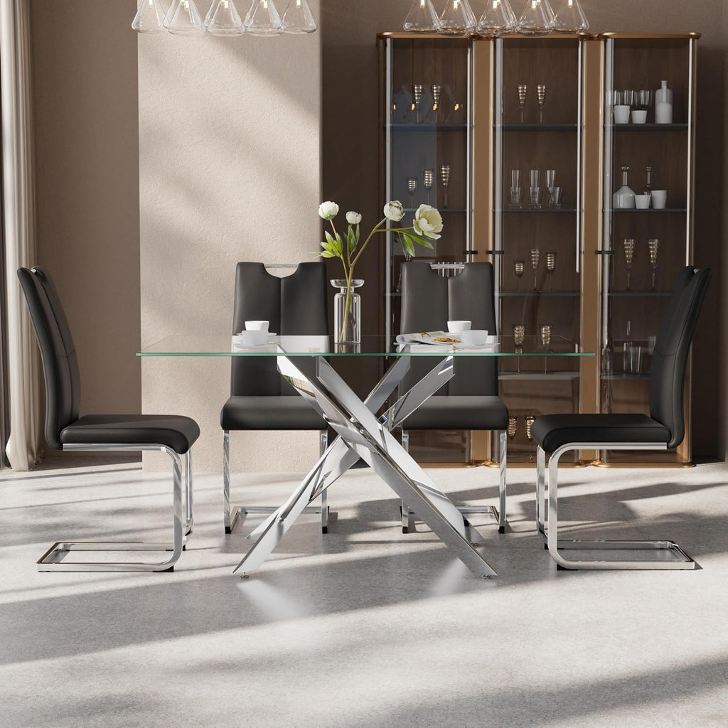 5-Piece Dining Table Set for 4, Modern Rectangular Glass Table with 4 Upholstered Leather Chairs, Space-Saving Dining Room Furniture Table & Chair Sets for Small Spaces&Apartment(Black&Silver)