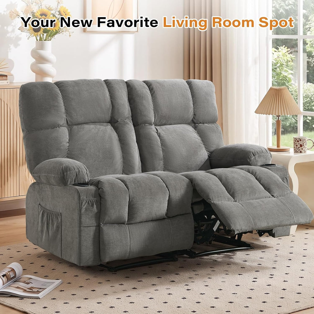 Oversized Fabric Reclining Loveseat Sofa for Living Room with Cup Holders | 2-seat recliner sofa with side pockets, padded seats and adjustable footrests for home theater, family room and relaxation