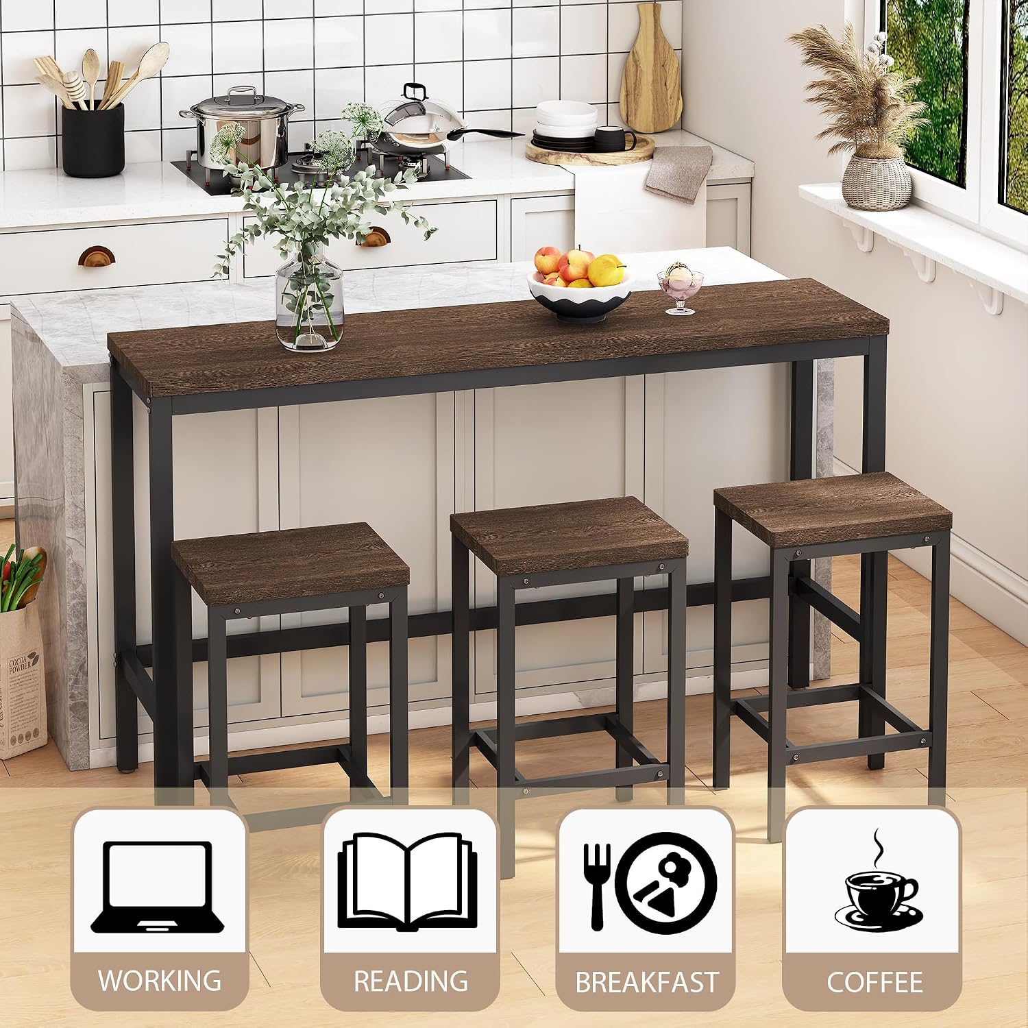 Merax Modern Design 4-Piece Counter Height Extra Long Dining Table Set with 3 Stools and Side Table with Footrest,Space-Saving Pub Kitchen Set,Easy Assembly,Dark Brown