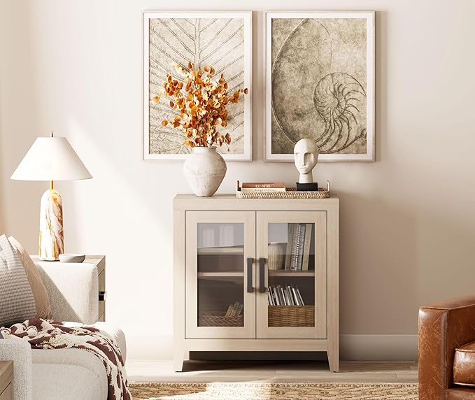 WAMPAT Farmhouse TV Stand for TVs up to 50”, Rustic Wood Entertainment Center with Adjustable Shelf, Glass Doors & Storage, Media Console Cabinet for Living-Room, Bedroom, Beige