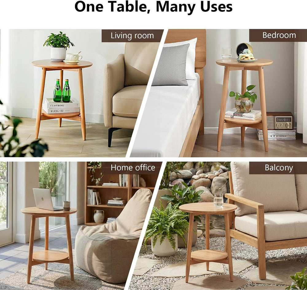 Side Table, Small Round End Table with 2-Tier Shelf, Solid Wood Nightstand fo...