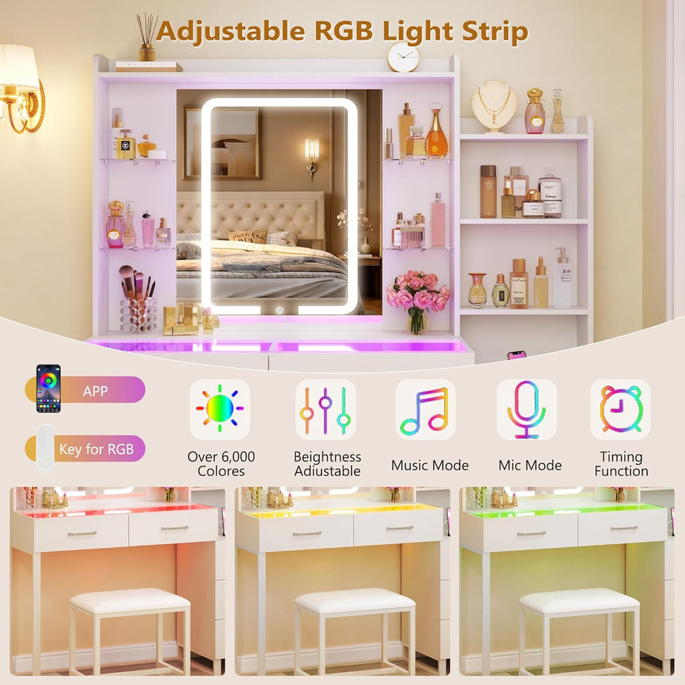 HUAHUU Vanity Desk with Mirror and Lights 3 Colors, 43.3" Makeup Vanity ...