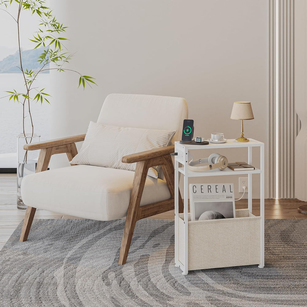 Leomonio White Side Table with Charging Station, Slim End Tables with Linen B...