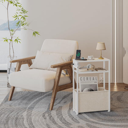 Leomonio White Side Table with Charging Station, Slim End Tables with Linen Basket, Skinny Table for Small Spaces, Thin Bedside Table for Living Room, Bedroom