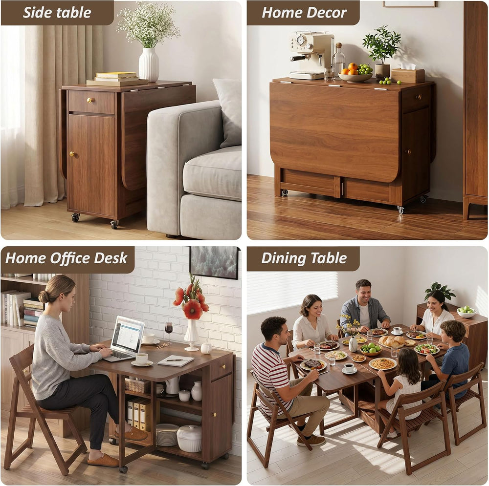 Small Drop Leaf Table - Folding Dining Table Set for 6 with 6 Foldable Chairs...