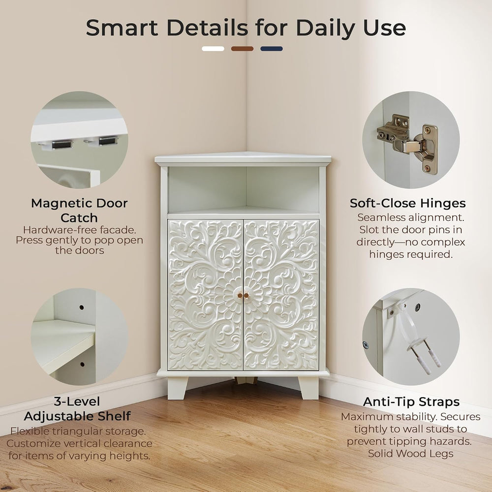 Corner Storage Cabinet, 31.5" Floral Accent Cabinet for Small Spaces, White