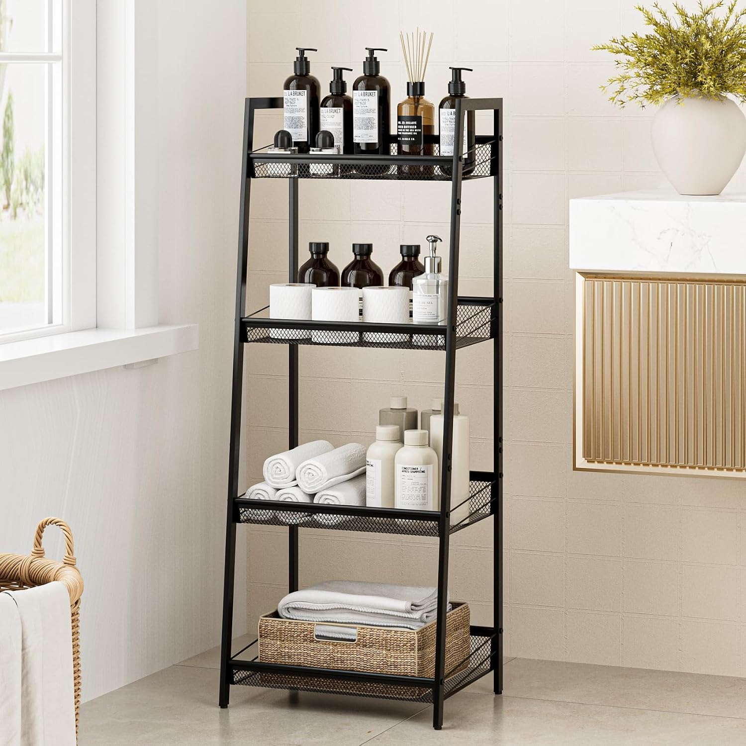 Masupu 4 Tier Bathroom Shelf, Bathroom Organizer and Storage for Small Space, Free-Standing Metal Rack Shelves Waterproof for Kitchen, Bathroom, Laundry, Toilet, Black