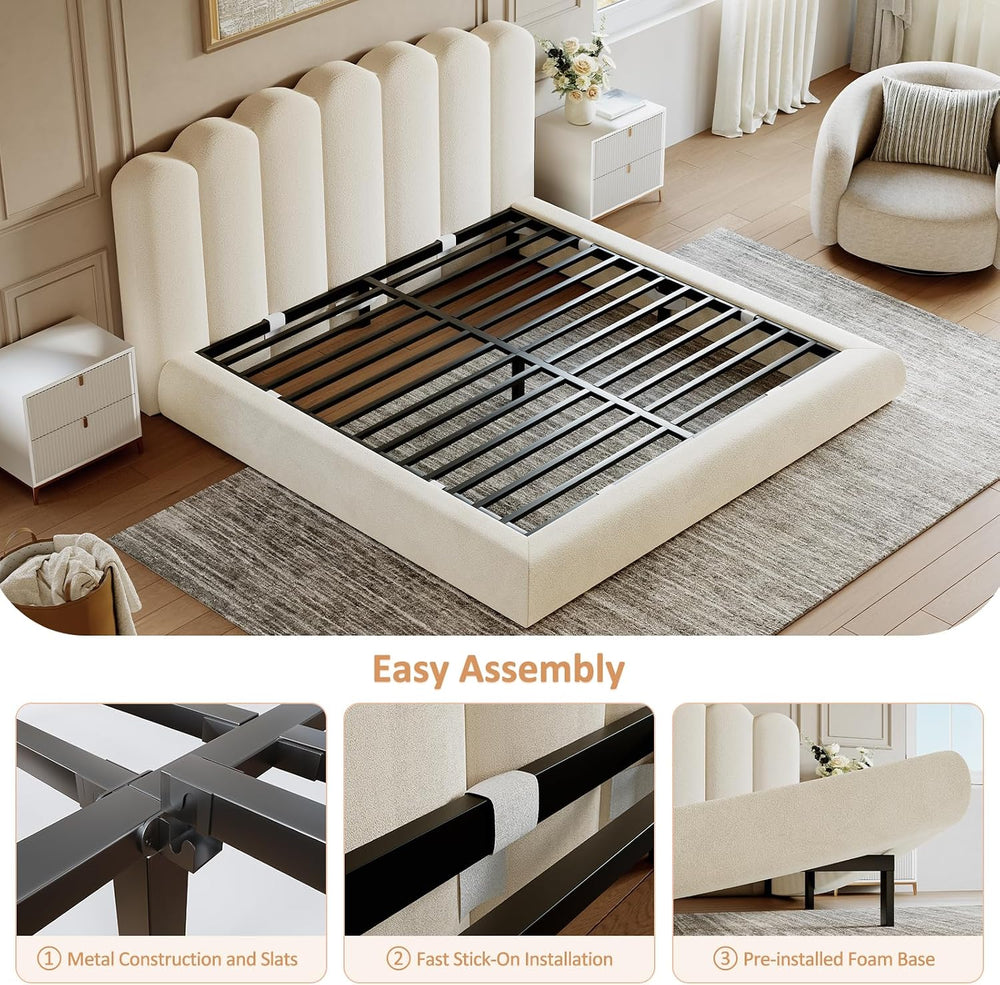 King Size Cloud Bed Frame with Wave Headboard, Upholstered Platform Bed with ...